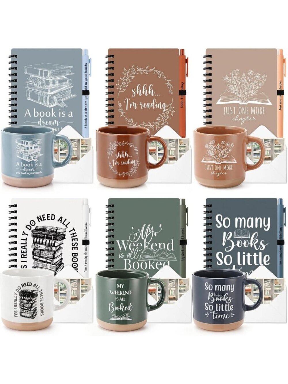 Book Lover's Gift Set: 13oz Ceramic Mug, Spiral Journal, Greeting Card & Pen